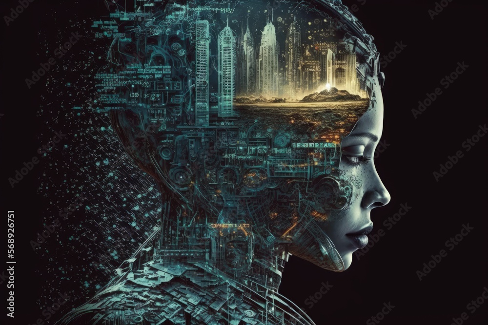 Concept of artificial intelligence controlling the world, humanoid artificial intelligence, digital illustration, AI