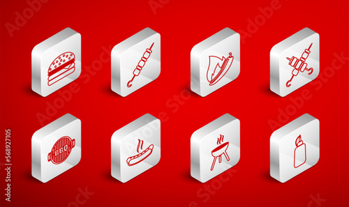 Set line Mustard bottle, Grilled shish kebab, Hot chili pepper pod, Barbecue grill, Burger, Hotdog sandwich and icon. Vector