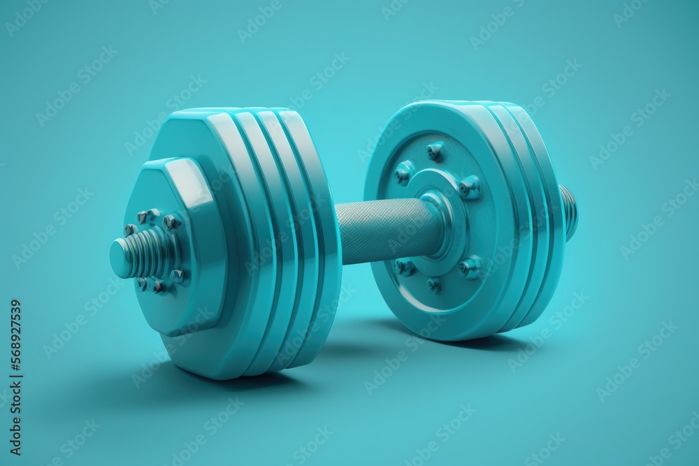 Gym dumbbell isolated on blue background, digital illustration, Generative AI Gym dumbbell isolated on blue background, digital illustration, Generative AI