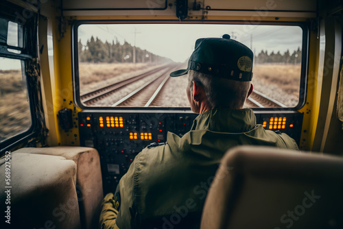 The driver of an obsolete shunting freight train drives a locomotive, inside view. Generative AI technology.
