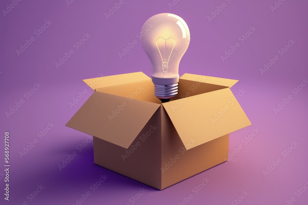 Cardboard box with light bulb, idea and creativity concept, purple background, Digital illustration, Generative AI Cardboard box with light bulb, idea and creativity concept, purple background, Digital illustration, Generative AI