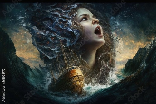 A siren with a voice so beautiful it lures sailors to their death, singing on a rock in the sea. Digital art painting, Fantasy art, Wallpaper. Generative ai.  photo