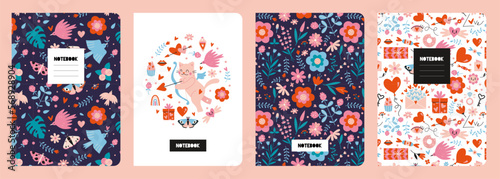 Trendy covers set on a romantic theme, cartoon style vector illustration. Cool design with floral seamless patterns and cute love objects. For notebooks, planners, brochures, books, catalogs