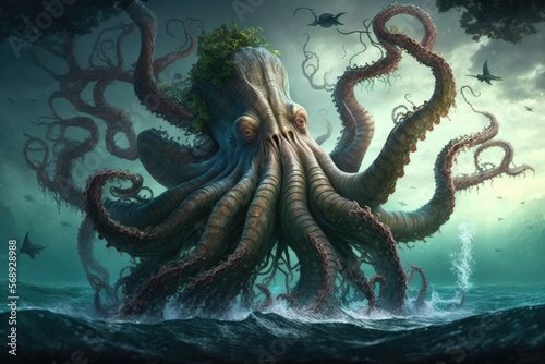 A Kraken with tentacles as thick as tree trunks, pulling ships beneath the waves. Digital art painting, Fantasy art, Wallpaper. Generative ai. © FantasyArtStation