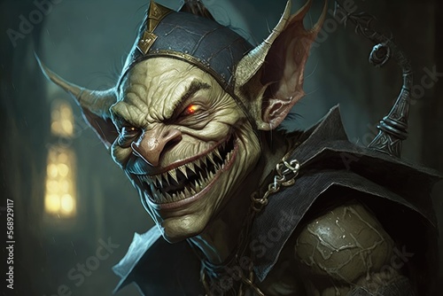 A goblin with a wicked grin, sharp claws, and a mischievous gleam in its eye. Digital art painting, Fantasy art, Wallpaper