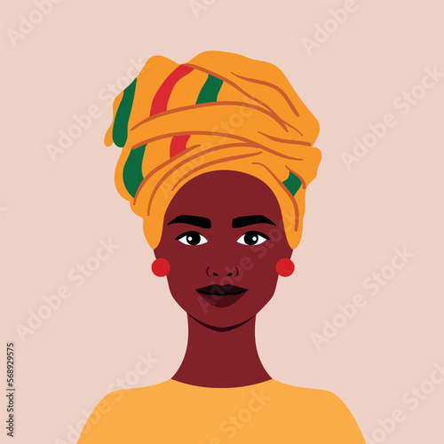 Beautiful African girl in traditional headdress. Full face portrait in flat style. Avatar. Female. Diversity. Black history month