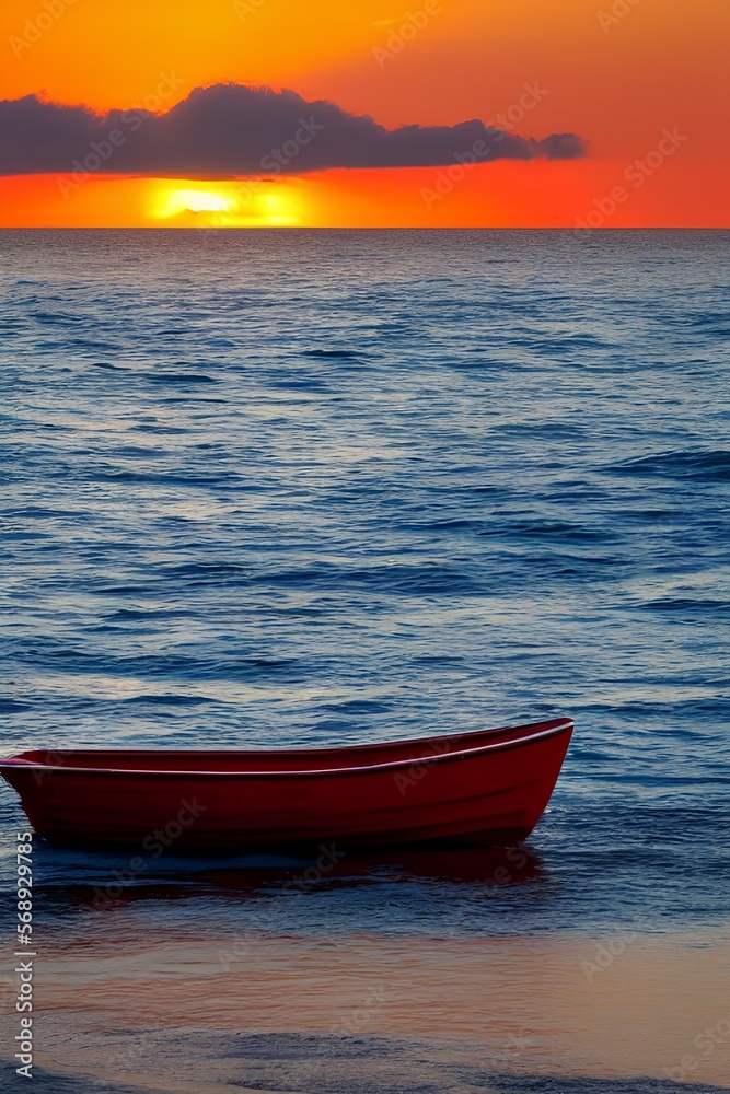 red boat with waves and sunset in the background - generative ai