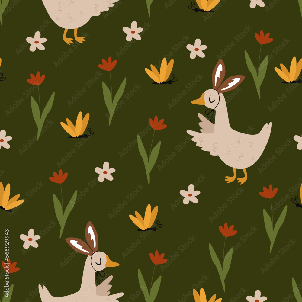 seamless pattern with easter goose and flower