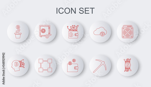 Set line Cryptocurrency bitcoin in circuit, Bitcoin think, wallet, Pickaxe, plant the pot, Proof of stake, Blockchain technology and icon. Vector