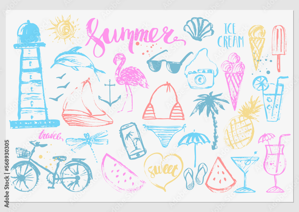 Fototapeta premium Summer set with hand drawn sketches and lettering