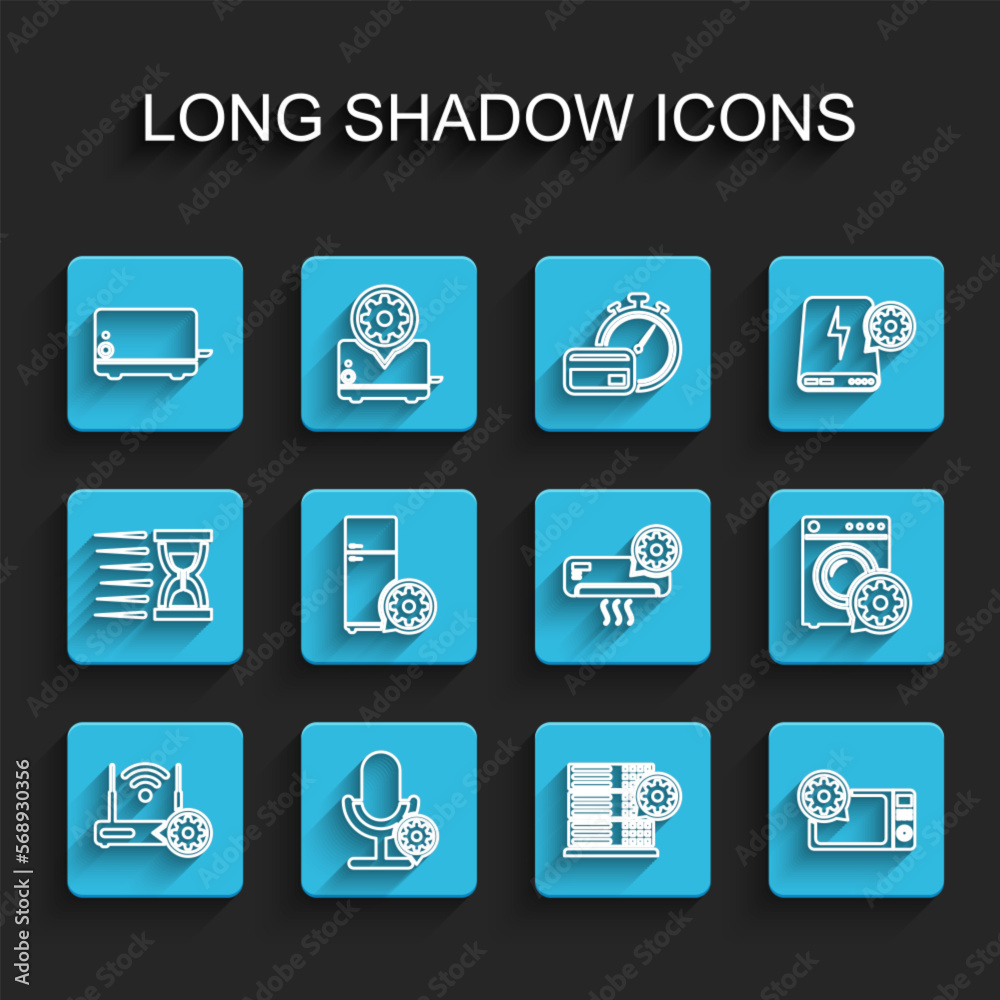 Set line Router and wi-fi setting, Microphone, Toaster, Server, Microwave oven, Refrigerator, Washer and Air conditioner icon. Vector Set line Router and wi-fi setting, Microphone, Toaster, Server, Microwave oven, Refrigerator, Washer and Air conditioner icon. Vector