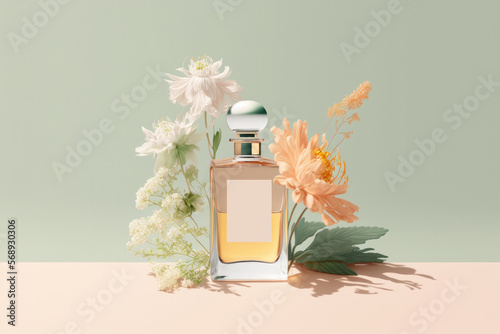 Summer fragrance, perfumery concept made with perfume bottle and flowers. Created with Generative AI technology. photo