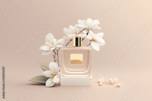 Perfumery, luxury fragrance concept made with empty perfume bottle and white flowers. Created with Generative AI technology. photo