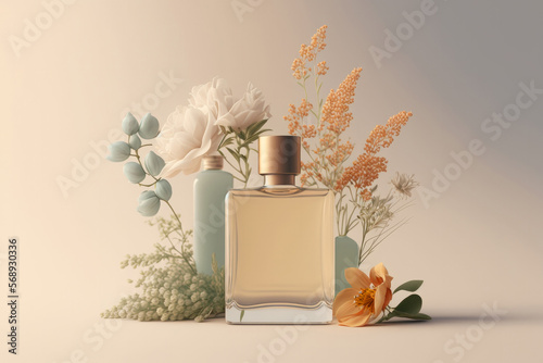 Perfumery, summer fragrance concept made with perfume bottle and flowers. Created with Generative AI technology. photo