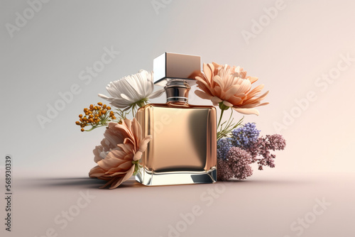 Perfumery, luxury fragrance concept made with perfume bottle and flowers. Created with Generative AI technology.
