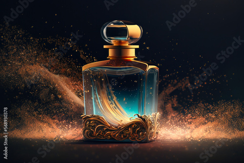 Niche perfumery concept. Idea of an oriental fusion fragrance made with vintage perfume bottle and splashes of scents. Created with Generative AI technology. photo