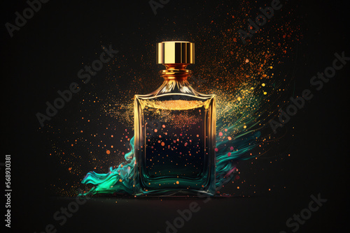 Stylsih perfume bottle and splashes of scents concept. Created with Generative AI technology.