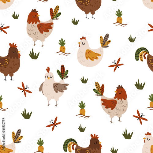 seamless pattern with farm chicken on the white background