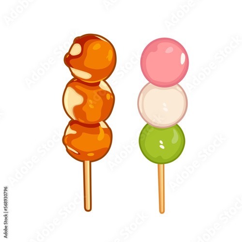 Japanese dessert dango in the form of three balls on a stick. Vector over white background,perfect for wallpaper or design elements