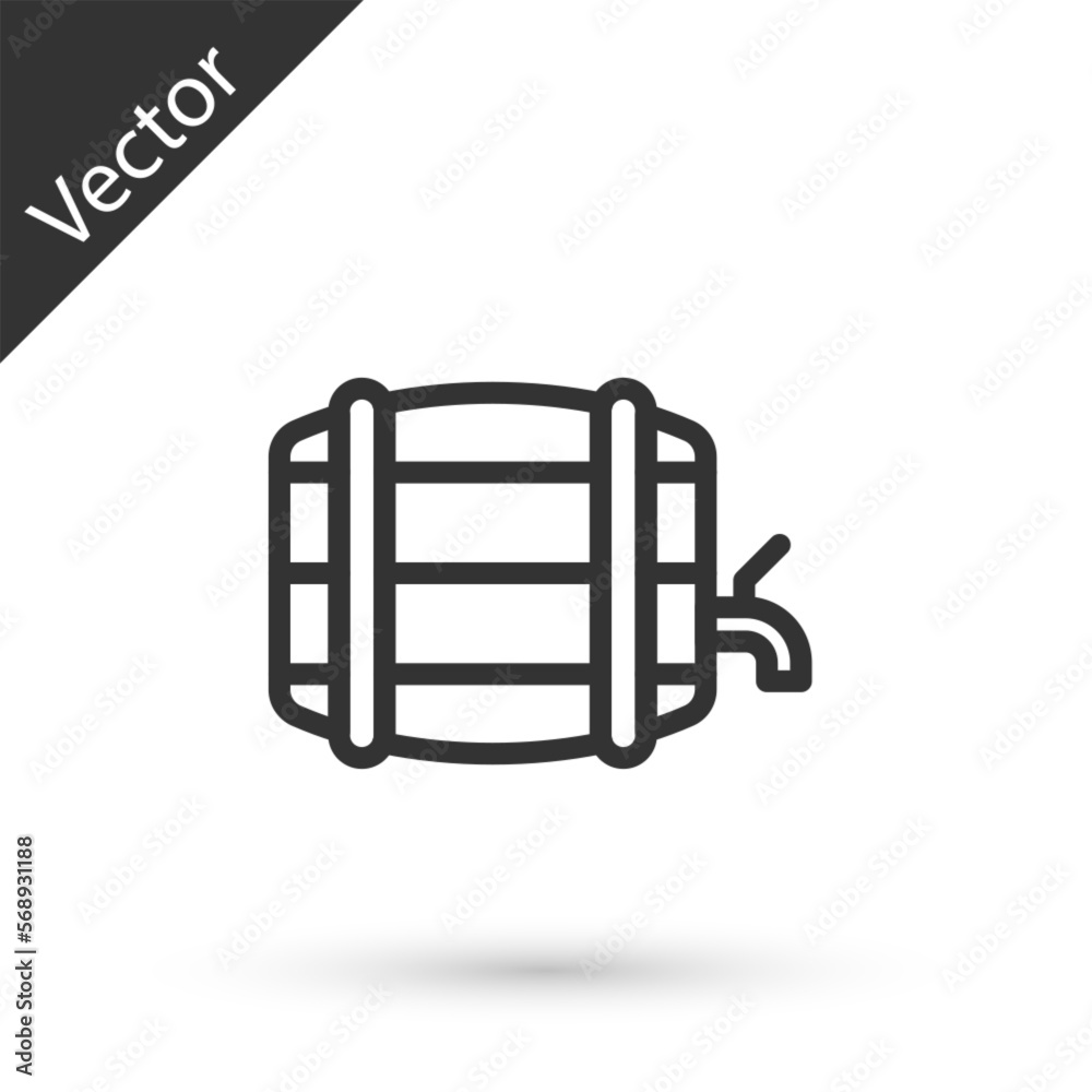 Grey line Wooden barrel on rack with stopcock icon isolated on white background. Vector Grey line Wooden barrel on rack with stopcock icon isolated on white background. Vector