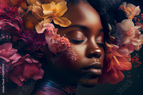 Close up portrait of beautiful African woman with eyes closed combined with multi colored flowers, on black background. Beauty concept