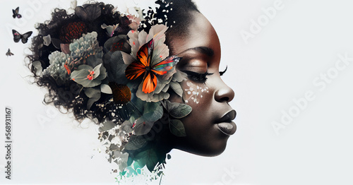 Close up portrait of beautiful African woman with eyes closed combined with multi colored flowers, side profile face view on white copy space background. Double multiple exposure. Beauty concept