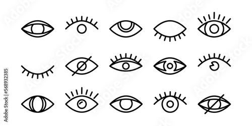 Eye vector line icon, eyeball outline pictogram, see symbol, vision sign, simple view set, look sign, black pictogram different shape isolated on white background. Simple illustration