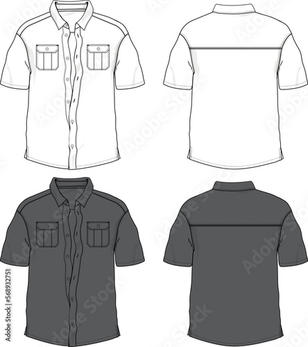 Blank short sleeve button down shirt fashion design flat sketch mock-up template	
