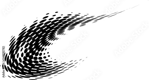 Halftone dotted whirlpool with vertical guide, with oval polka dots of various sizes forming a deformed funnel. Space for copy text. Vector.