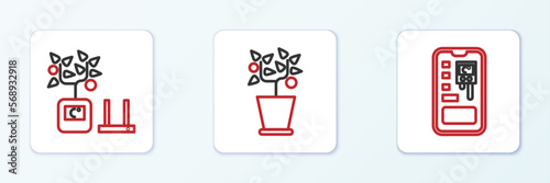 Set line Smart control farming system, technology and Plant pot icon. Vector