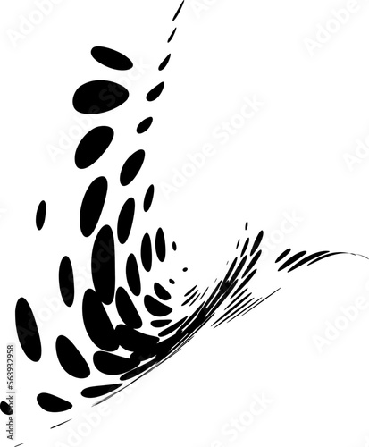 Halftone dotted whirlpool with vertical guide, with oval polka dots of various sizes forming a deformed funnel. Space for copy text. Vector.