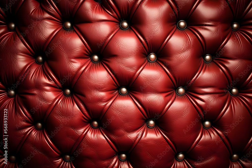 Crimson red leather quilted cushion background, couch texture closeup studded with buttons, seamless pattern for design, wallpaper