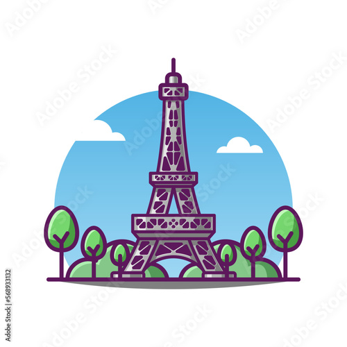 Illustration Of Eiffel Tower Vector Cartoon France Famous Landmark Historical Building.