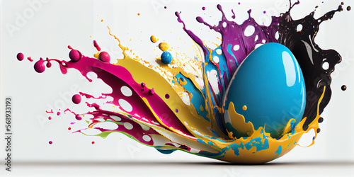Osterei mit explodierender Farbe und Farbspritzer auf weißen Hintergrund mit Platzhalter - Generative Ai