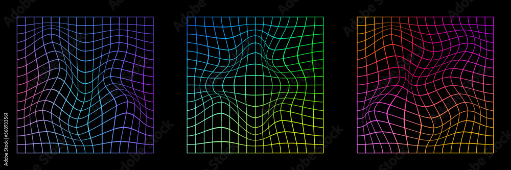Set de gradientes en forma de cuadrículas distorsionadas con ondas, estilo retro