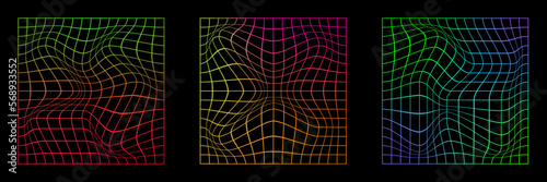 Set de gradientes en forma de cuadrículas distorsionadas con ondas, estilo retro.