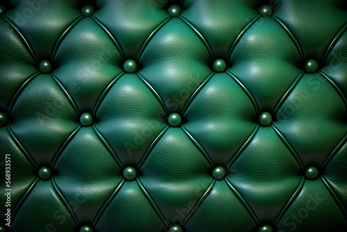 Kelly green leather quilted cushion background, couch texture closeup studded with buttons, seamless pattern for design, wallpaper