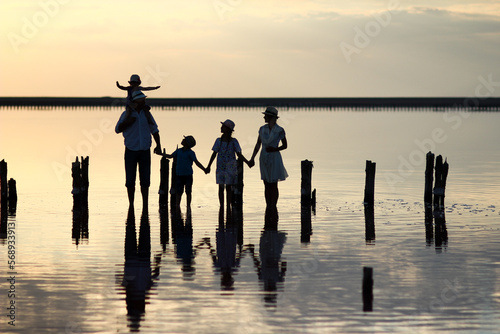 A Happy family silhouette at sea with reflection in park in nature © Kostia