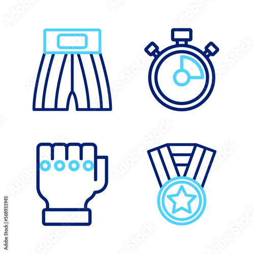 Set line Medal, MMA glove, Stopwatch and Boxing short icon. Vector