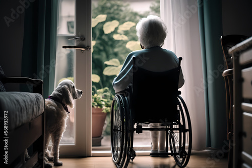 Lonely sad elderly Senior person in wheelchair in nursing home looking out window with pet dog. Concept friendship animal and people. Generation AI © Adin