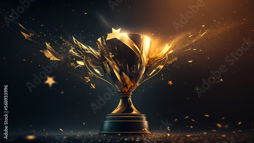 Banner Cup Champion golden prize with splash of stars on dark background with sun light  copy space. Generation AI