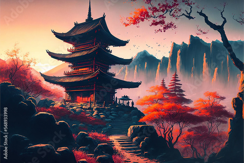 Autumn dusk at japanese pagoda Generative AI