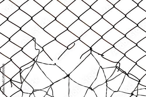The texture of the metal mesh on a white background. Torn mesh with holes.
