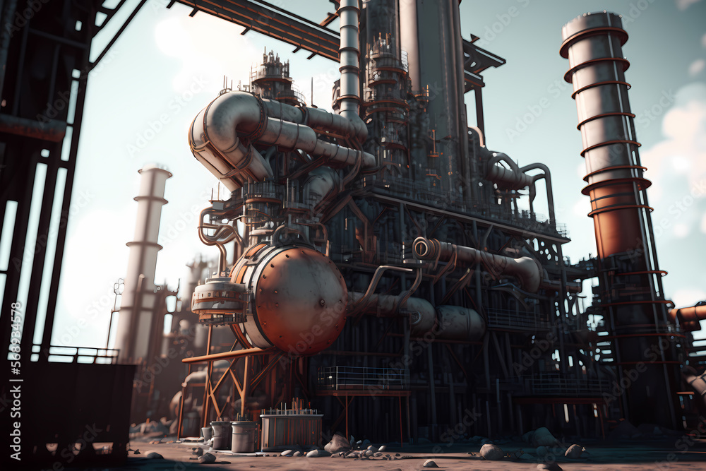 View on Industrial plant factory at oil refinery and gas pipelines form industry zone, sunlight. Generation AI View on Industrial plant factory at oil refinery and gas pipelines form industry zone, sunlight. Generation AI