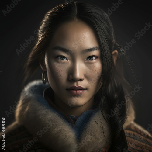 Portrait of a Mongolian young woman, Ai Generative.