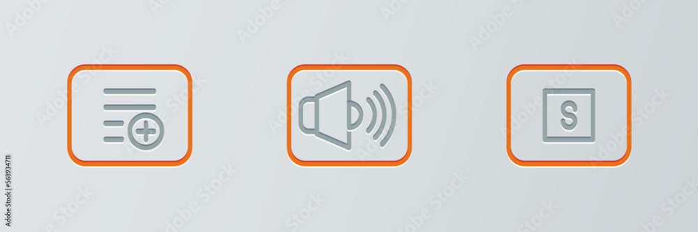 Set line Stop media button, Add playlist and Speaker volume icon. Vector Set line Stop media button, Add playlist and Speaker volume icon. Vector