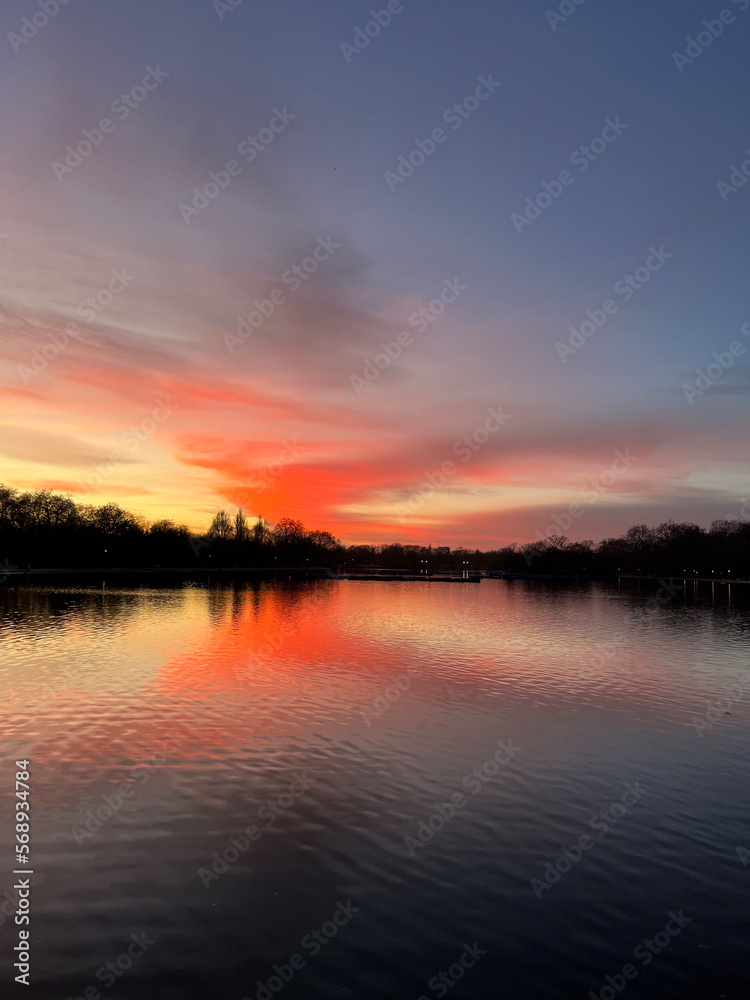 Pink and deep purple coloured sky and tranquil light at the sunset. The lights are mesmerising as the reflections of trees and birds are seen in the lake. Relaxation vibes. The atmosphere of calmness 