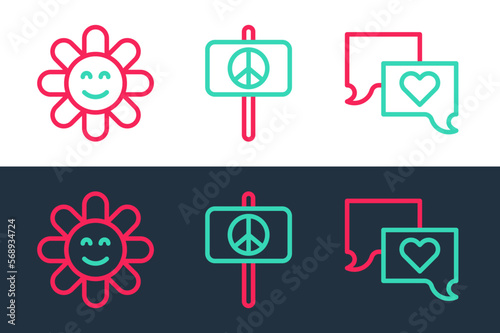 Set line Speech bubble chat, Flower and Peace icon. Vector