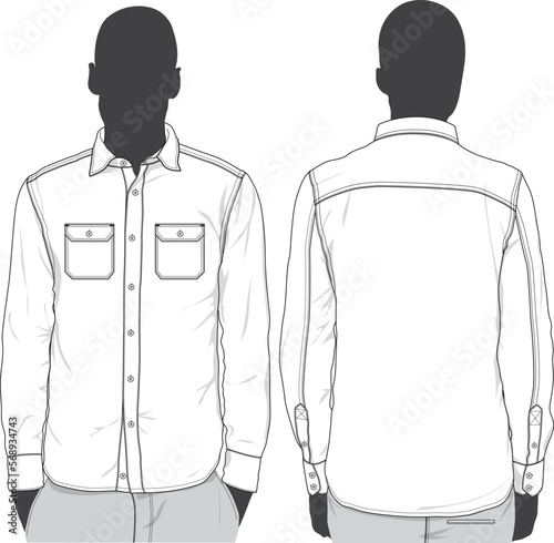 Blank Long sleeve button down shirt fashion design model sketch mock-up template	
