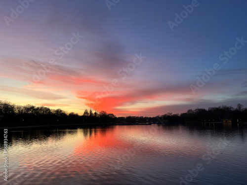 Pink and deep purple coloured sky and tranquil light at the sunset. The lights are mesmerising as the reflections of trees and birds are seen in the lake. Relaxation vibes. The atmosphere of calmness 